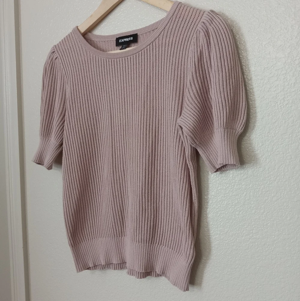 Express Ribbed Knit Puff Sleeve Soft Pale Mauve Top - Picture 4 of 8